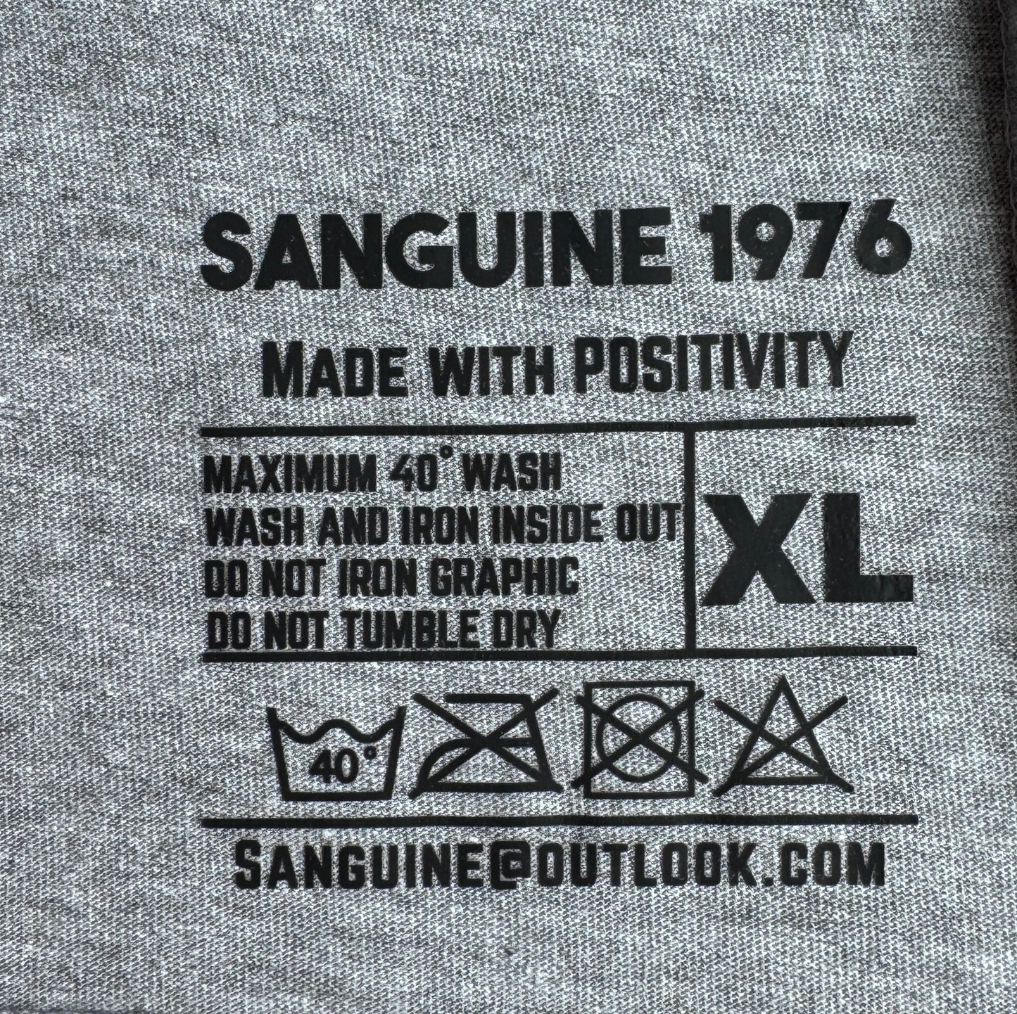 Custom made Sanguine 1976 T-shirt with Black & Gold circle S76 patch to chest