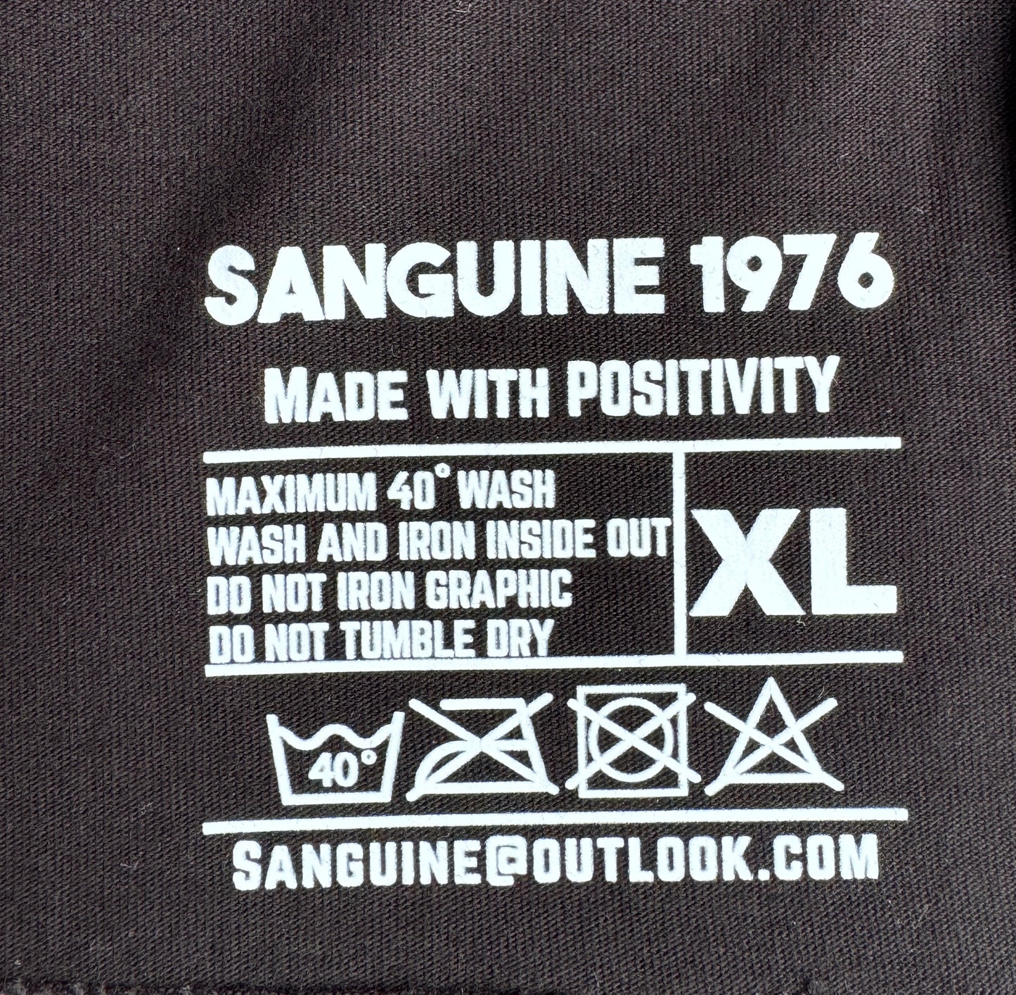 Custom made Sanguine 1976 T-shirt with Black & Gold circle S76 patch to chest